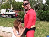 Super hero gets his cock sucked and fucked by a petite slut.