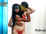 Masked Indian fox in a red bra gets a great fuck