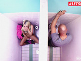 Blonde masturbates in the toilet before having hardcore sex