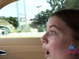 American cum slut gives handjob in the car
