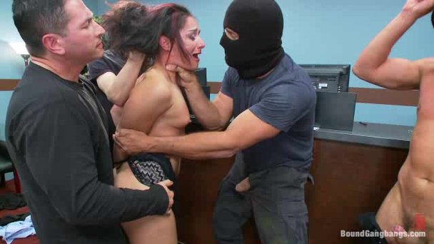Spoiled Robber - Brunette bank manager gets group banged during the bank. 