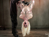 Hogtied tattooed blondie with big juggs gets stuffed with stick dildo when roped and suspended