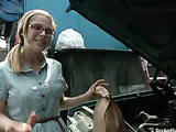 Ponytailed blonde teen in glasses gets gagged and bound by her step father and pounded roughly in the garage