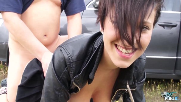 Short-haired babe in a black leather jacket gets fucked against a car on  the side of the road - Porn Video at XXX Dessert Tube