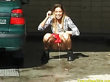 After washing her car, hot chick takes a pee and shows her pussy