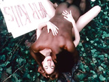 Good-looking blonde in a hippie outfit having her way with that dick in her pussy in a park